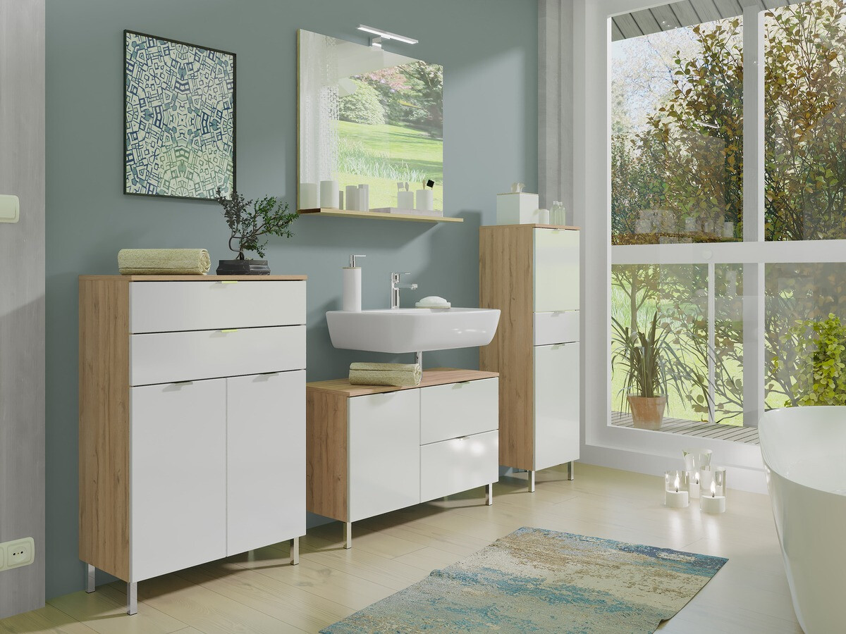 Ormarić za kupatilo Lomcamo 102 (Sjajno belo + Unuk hrast)