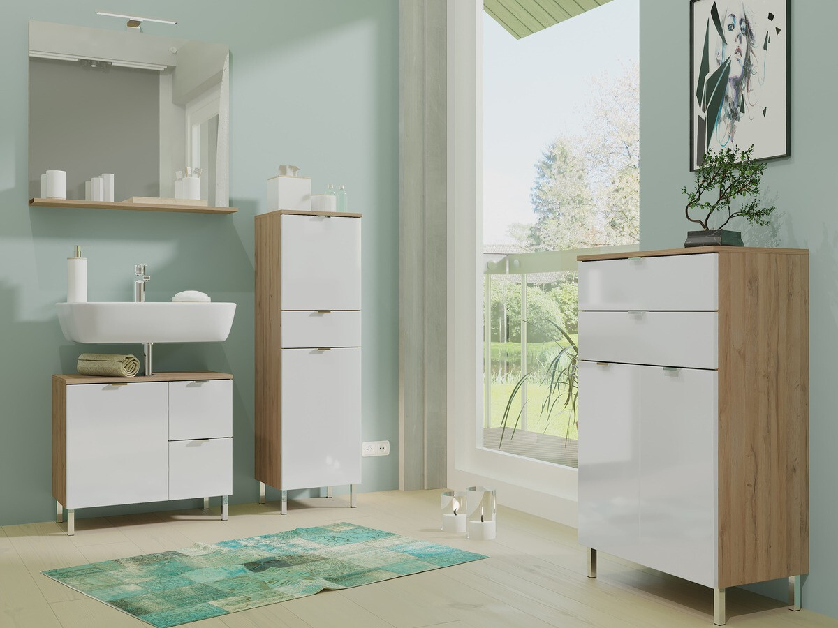 Ormarić za kupatilo Lomcamo 103 (Sjajno belo + Unuk hrast)