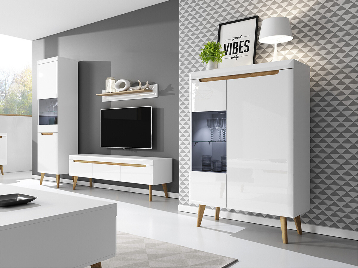 Zidna polica Lima 135 (Belo + Sjajno belo + Riviera hrast)