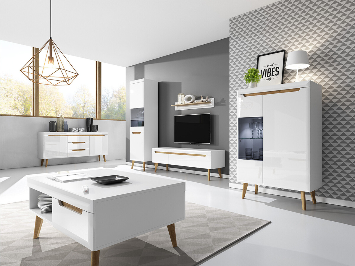 Zidna polica Lima 135 (Belo + Sjajno belo + Riviera hrast)