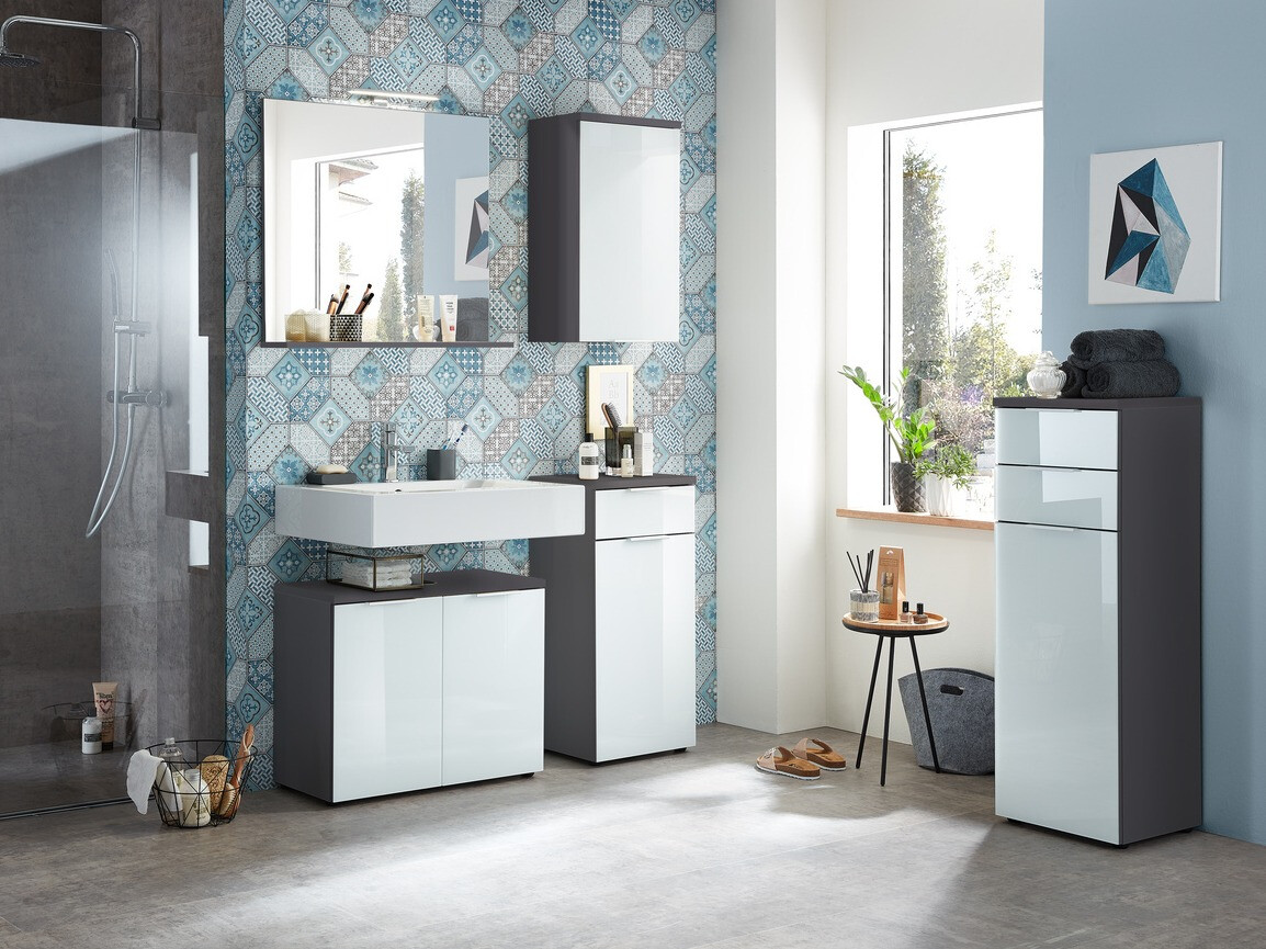 Samostojeći kupatilski ormarić Levciro 101 (Sjajno belo + Grafit)