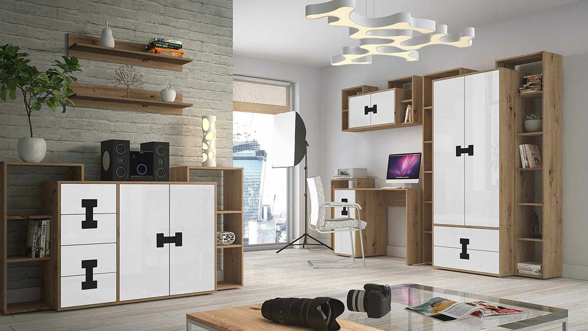 Kancelarijski sto Florevi 100 (Sjajno belo + Zanatski hrast)