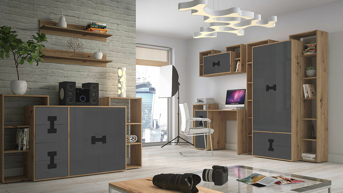 Komoda Florevi 102 (Sjaj siva + Zanatski hrast)