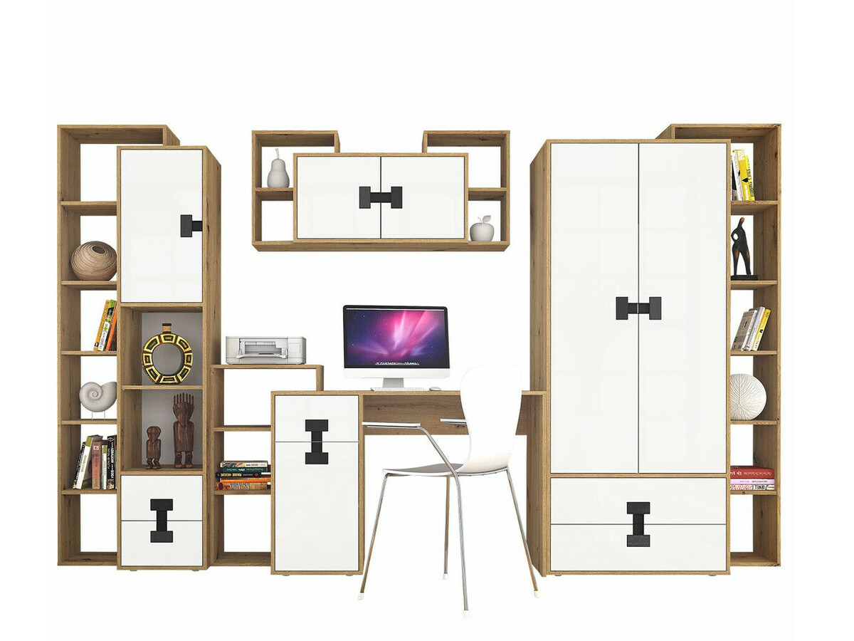 Set za kućnu kancelariju Florevi 104 (Mat belo + Artisan hrast)