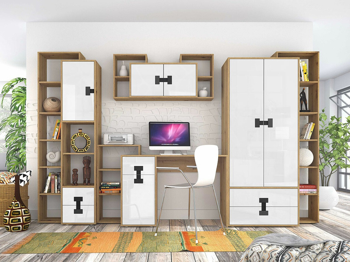 Set za kućnu kancelariju Florevi 104 (Sjajno belo + Zanatski hrast)