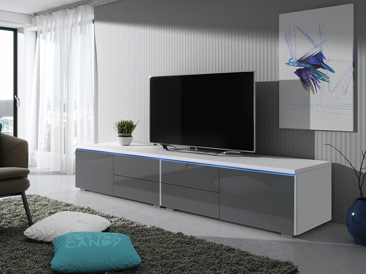 TV komoda Hortus (Belo + Sjajna siva)