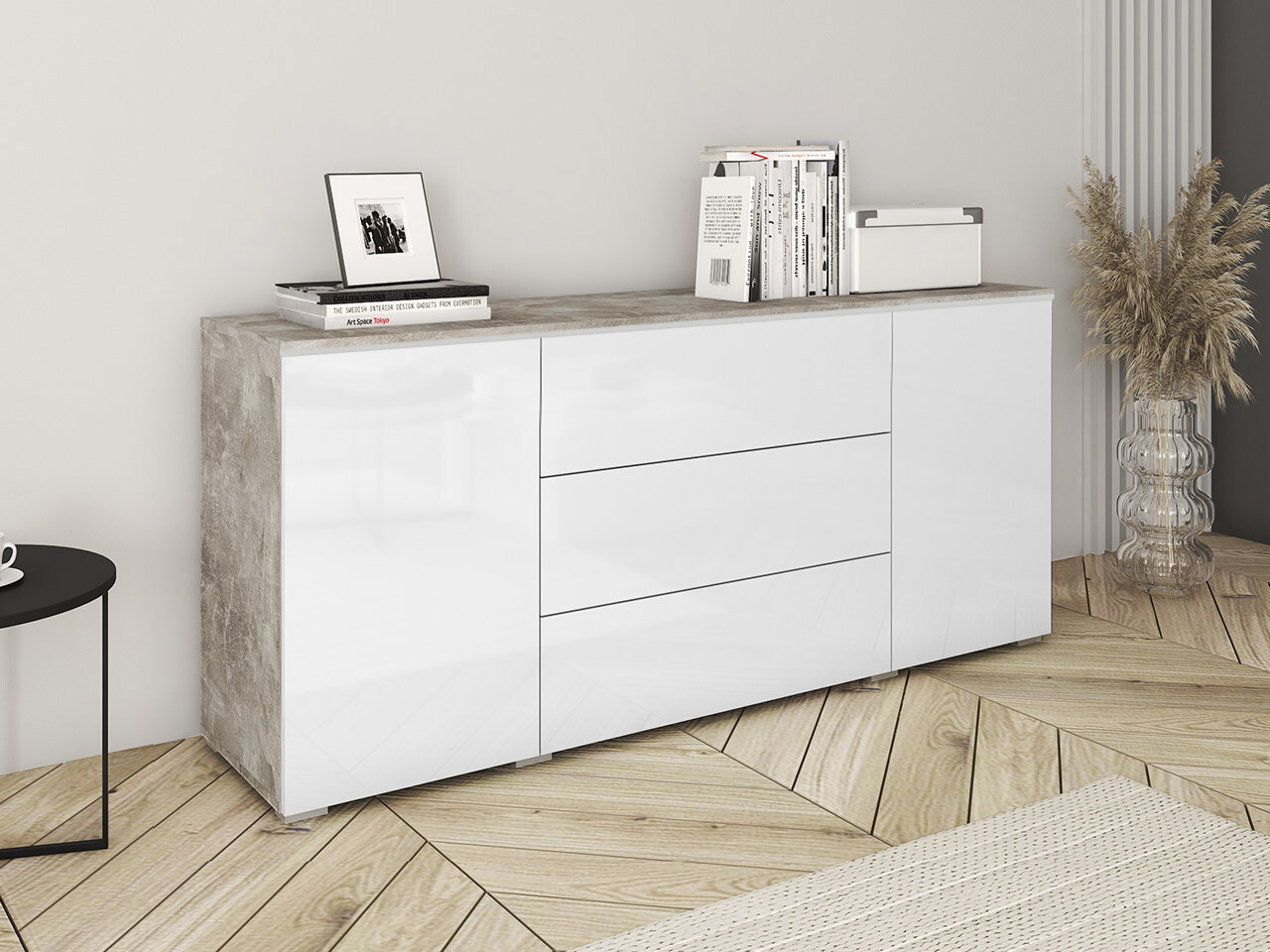 Komoda Mirfivo 102 (Beton + Sjajno belo)