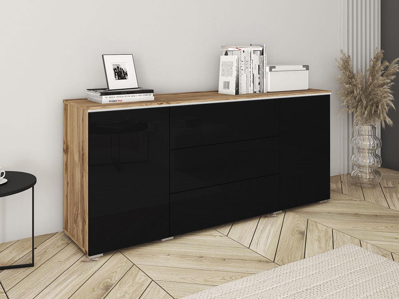 Komoda Sarasota 142 (Вотан храст + Crna visoki sjaj)