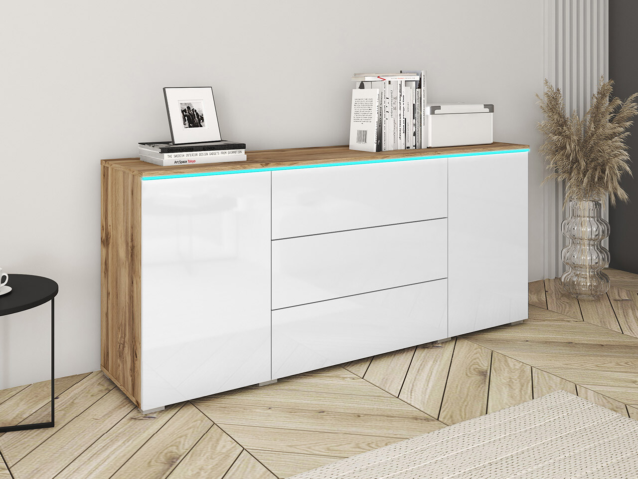 Komoda Sarasota 142 (Вотан храст + Sjajno belo)