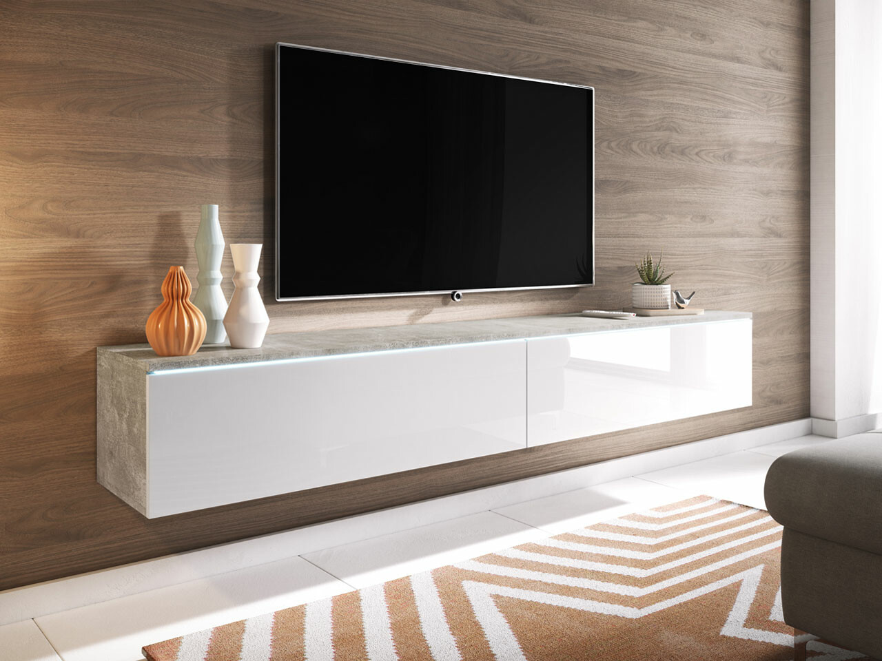 TV komoda Scientia I (Beton + Sjajno belo)