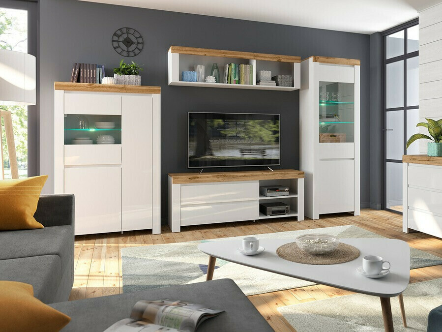 Zidna polica Sonsoru 109 (Belo + Sjajno belo + Hrast Votan)