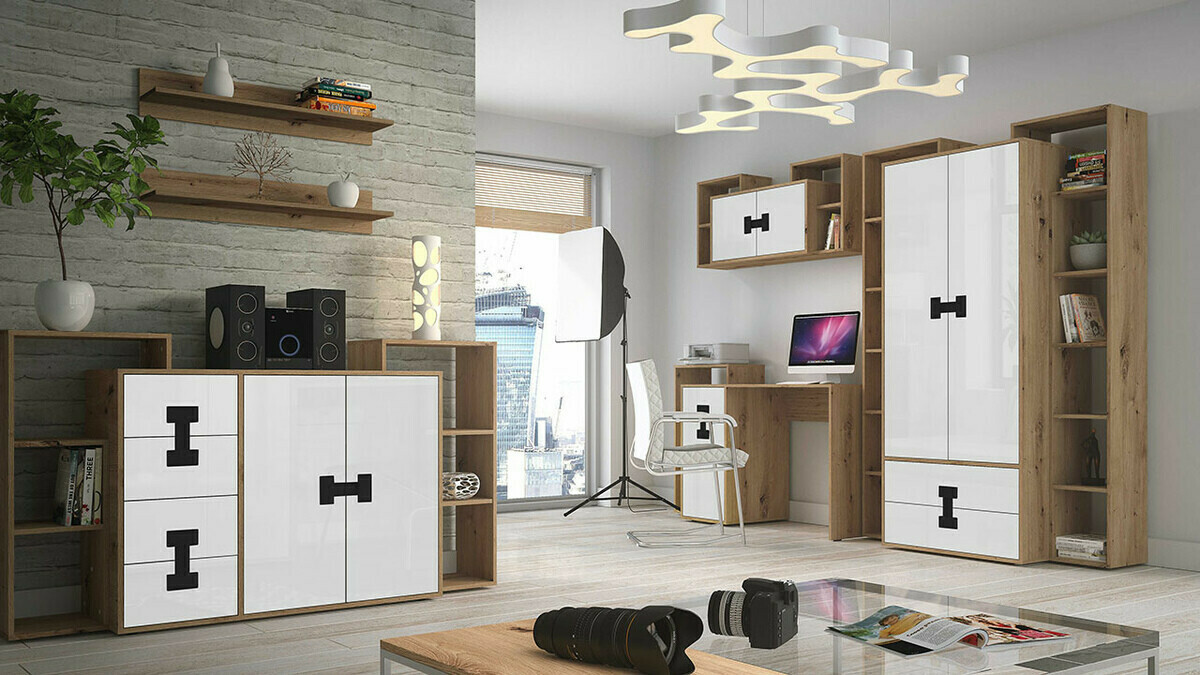 Komoda Florevi 102 (Sjajno belo + Zanatski hrast)