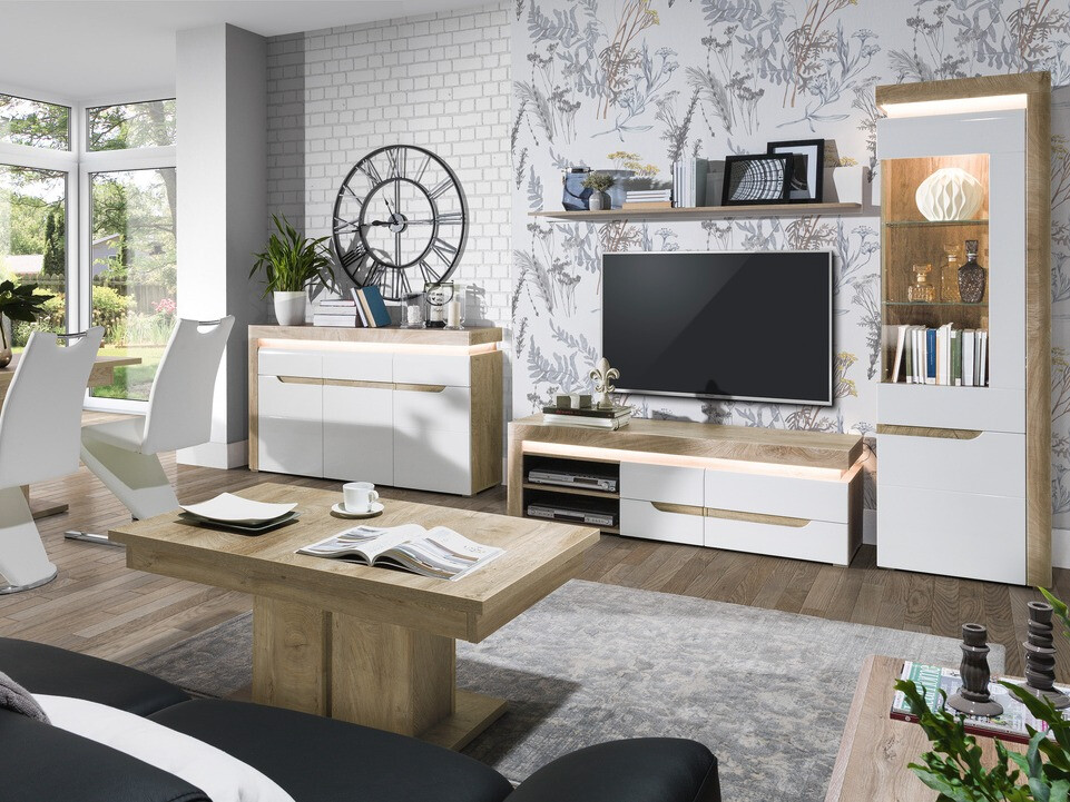 TV komoda Revelmi 101 (Hrast + Sjajno belo)