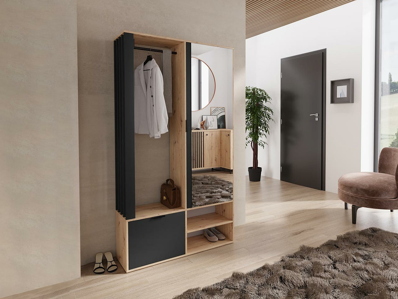 Set za hodnik Stanton 145 (Zanatski hrast + Crno)