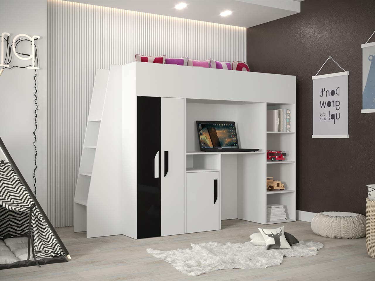 Izdignuti krevet Hartford 355 (Belo + Crna visoki sjaj + Sjajno belo)