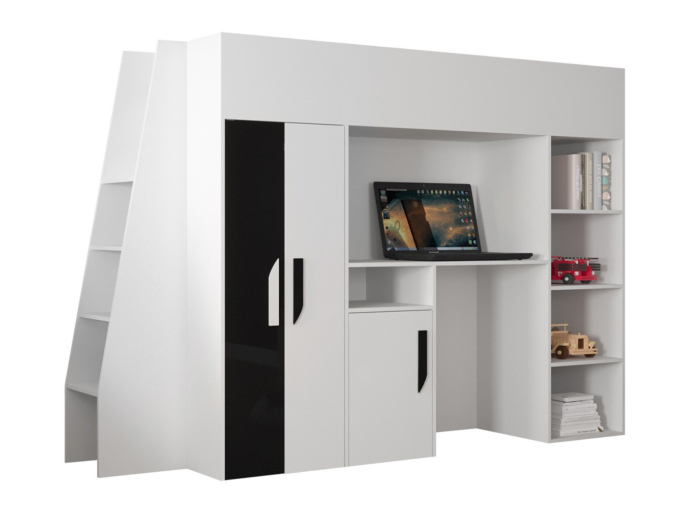 Izdignuti krevet Hartford 355 (Belo + Crna visoki sjaj + Sjajno belo)