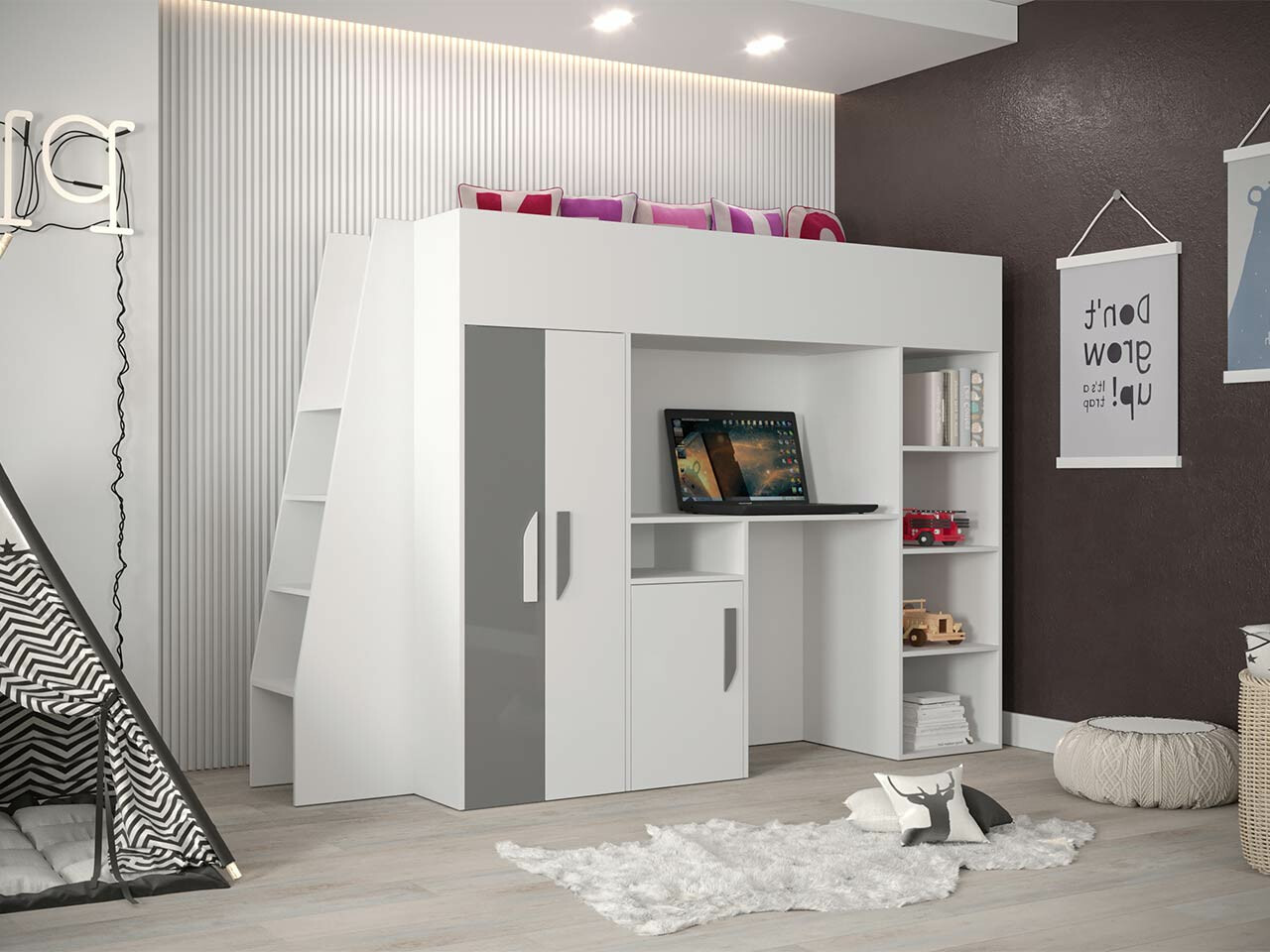 Izdignuti krevet Hartford 355 (Belo + Sjaj siva + Sjajno belo)