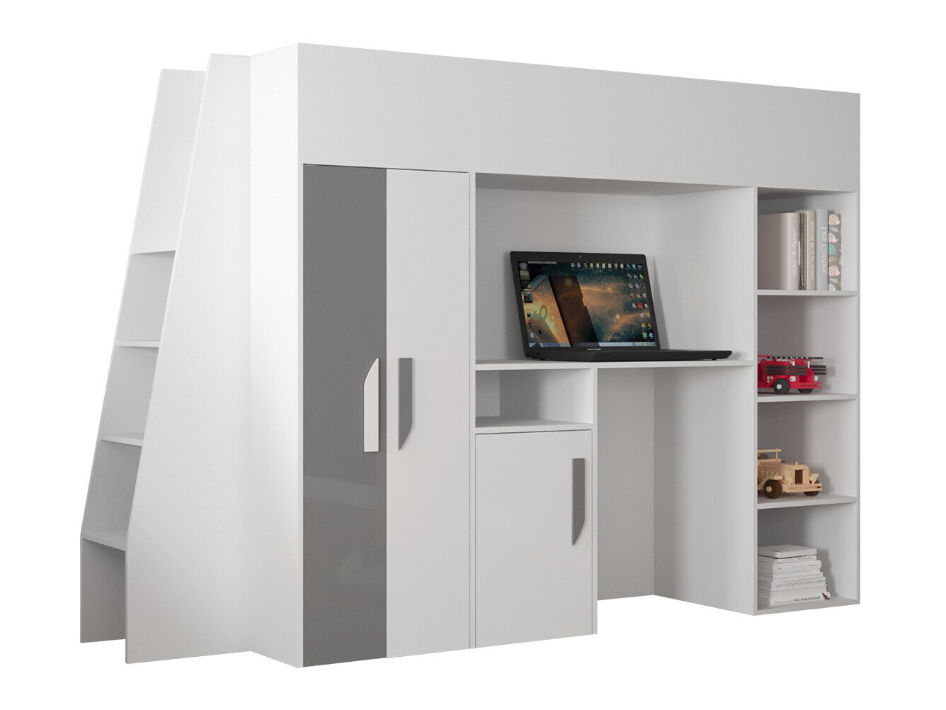 Izdignuti krevet Hartford 355 (Belo + Sjaj siva + Sjajno belo)