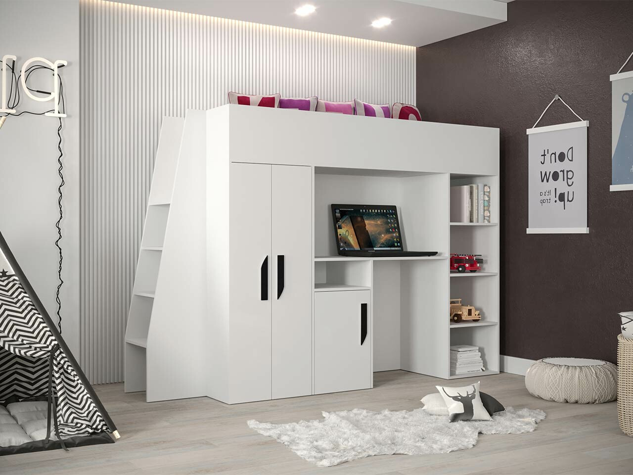 Izdignuti krevet Hartford 355 (Belo + Sjajno belo + Crno)