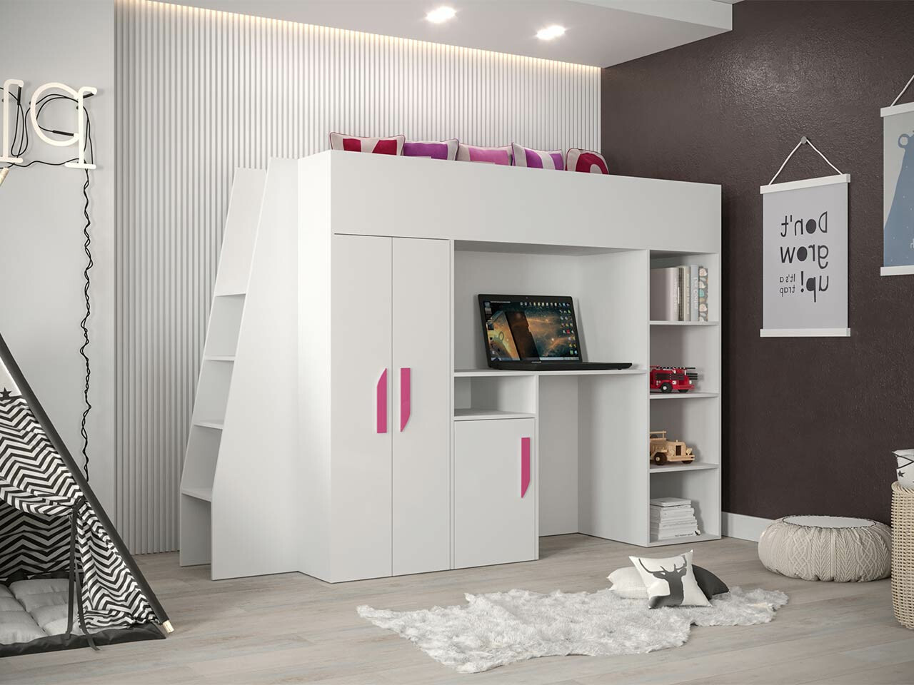 Izdignuti krevet Hartford 355 (Belo + Sjajno belo + Roza)