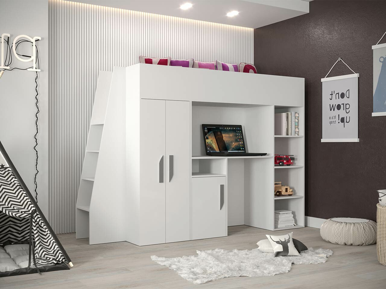 Izdignuti krevet Hartford 355 (Belo + Sjajno belo + Sivo)