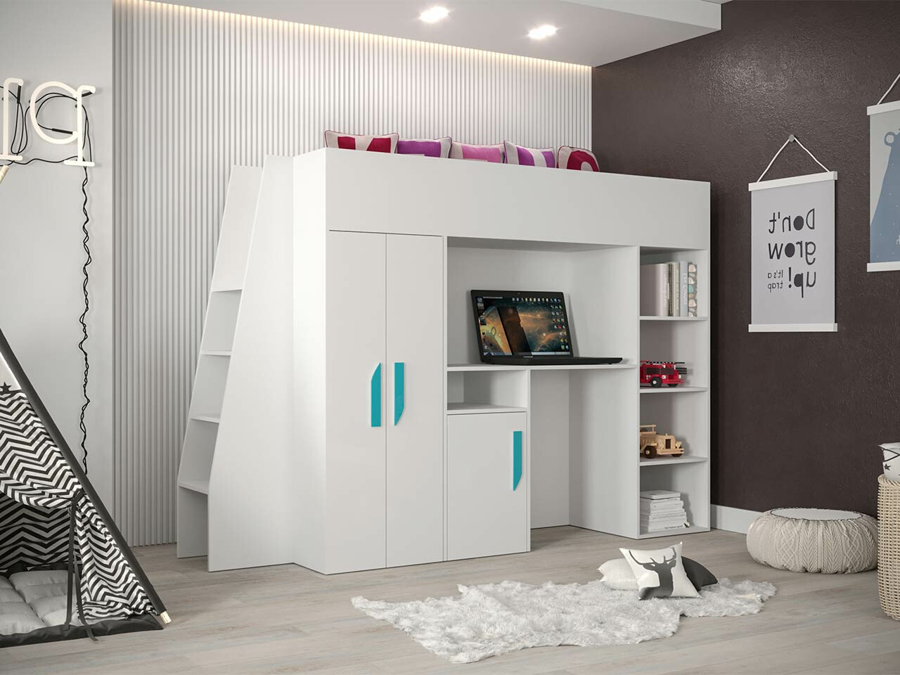 Izdignuti krevet Hartford 355 (Belo + Sjajno belo + Tirkizna)