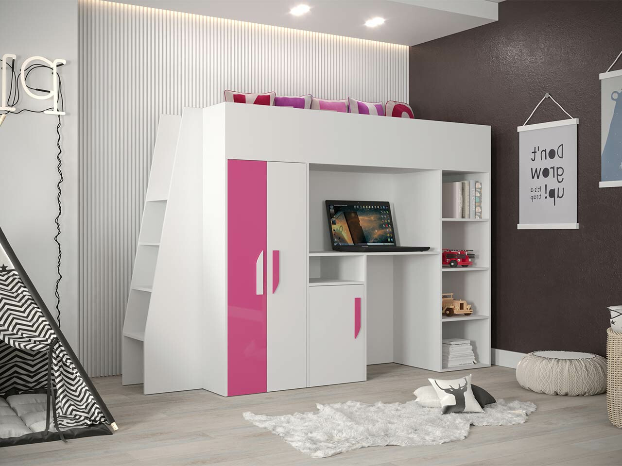 Izdignuti krevet Hartford 355 (Belo + Sjajno roze + Sjajno belo)