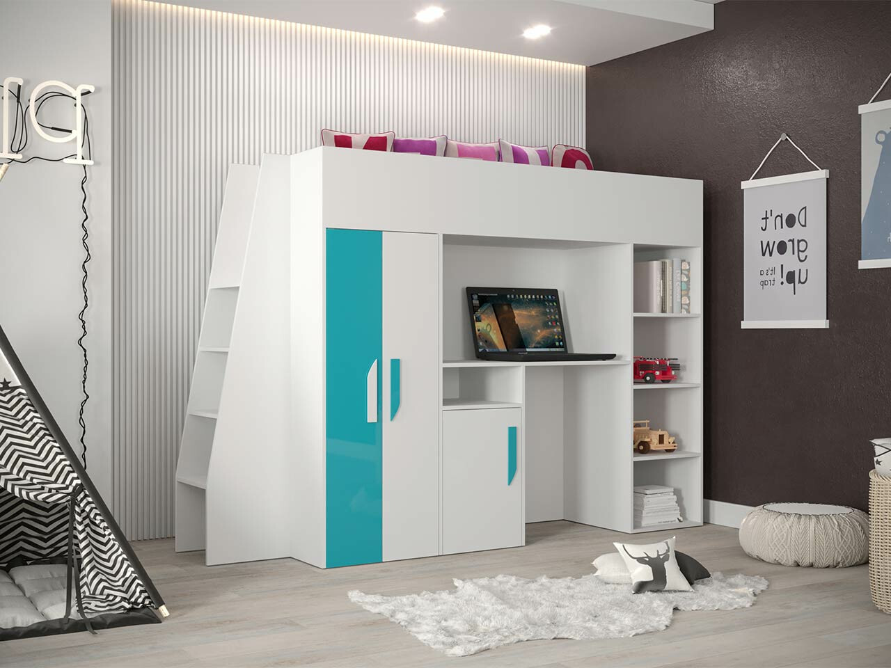 Izdignuti krevet Hartford 355 (Belo + Visoki sjaj Tirkizna + Sjajno belo)