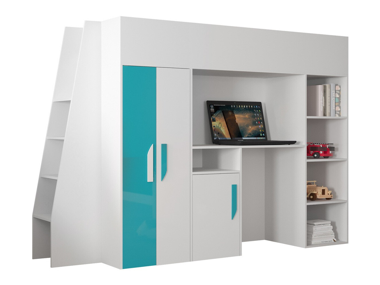 Krevet na sprat Hartford 355 (Belo + Sjajni Tirkizna + Sjajno belo)