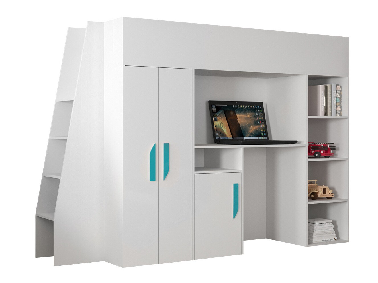 Krevet na sprat Hartford 355 (Belo + Sjajno belo + Tirkizna)