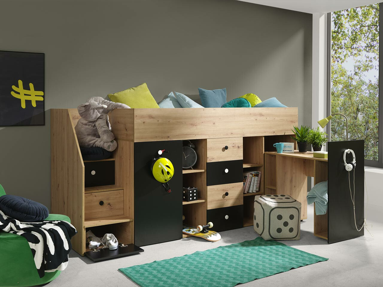 Izdignuti krevet Hartford 361 (Zanatski hrast + Crno)