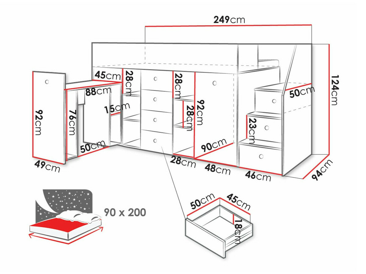 Izdignuti krevet Hartford 361 (Zanatski hrast + Crno)