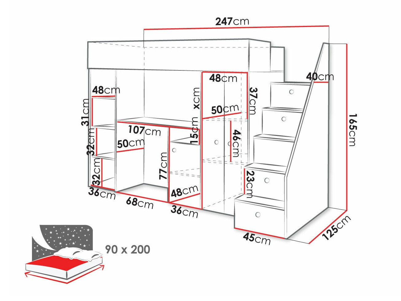 Izdignuti krevet Hartford 362 (Zanatski hrast + Crno)