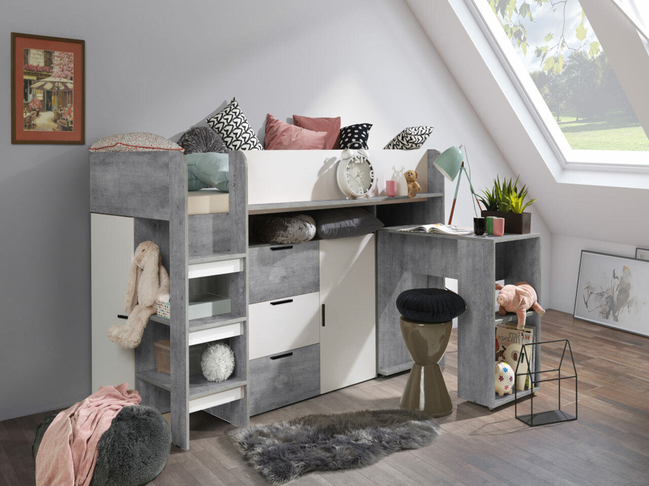 Izdignuti krevet Hartford 363 (Boja betona + Belo)