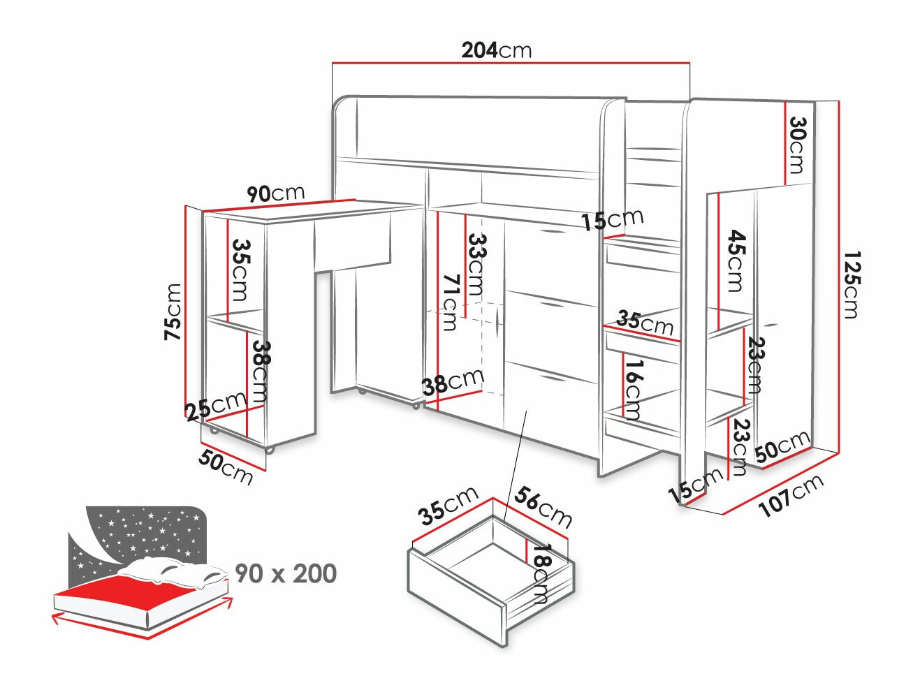 Izdignuti krevet Hartford 363 (Boja betona + Belo)
