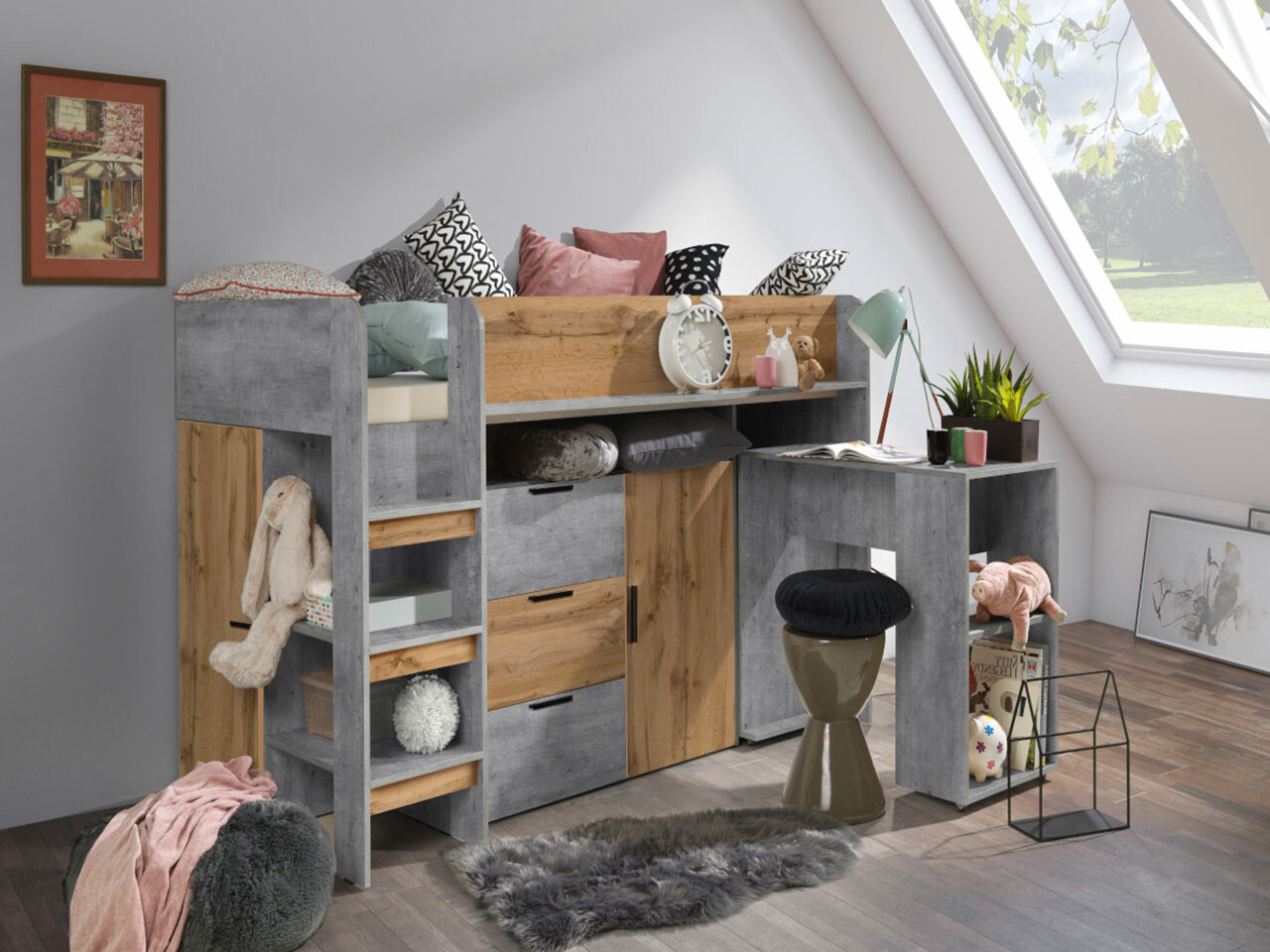 Izdignuti krevet Hartford 363 (Boja betona + Вотан храст)