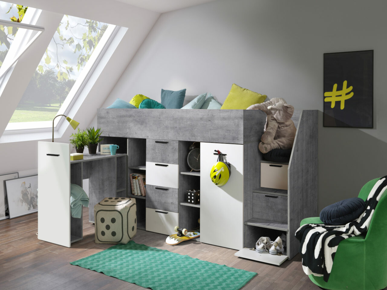 Izdignuti krevet Hartford 364 (Boja betona + Belo)