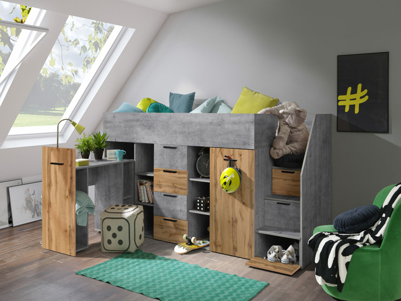 Izdignuti krevet Hartford 364 (Boja betona + Вотан храст)