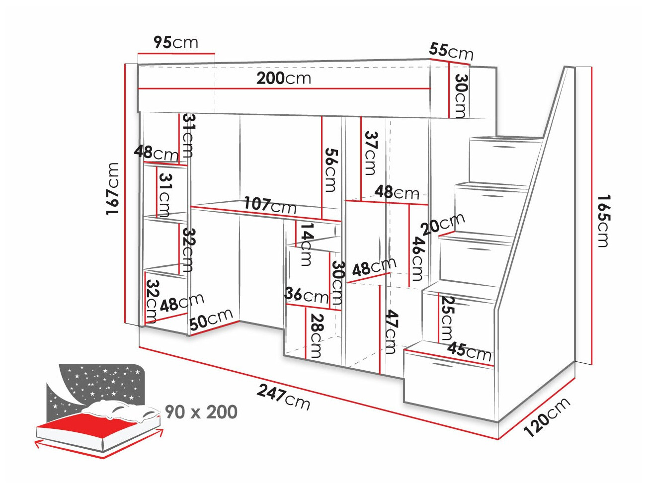 Izdignuti krevet Hartford 365 (Boja betona + Belo)