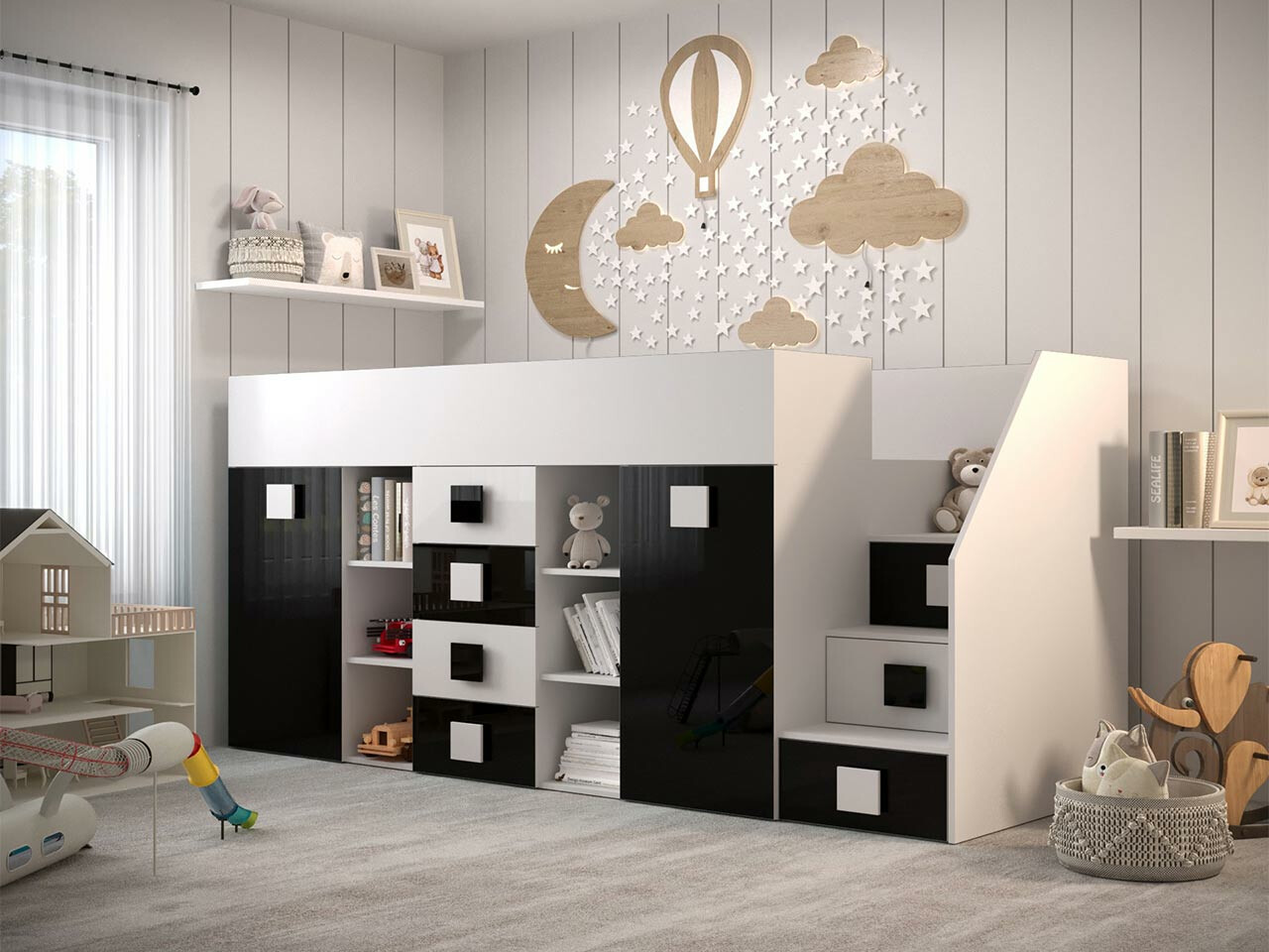 Izdignuti krevet Hartford 366 (Belo + Crna visoki sjaj + Sjajno belo)