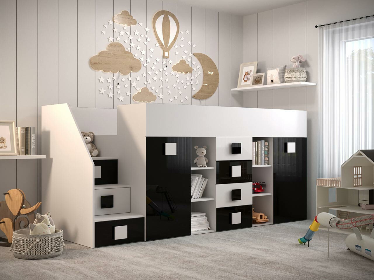 Izdignuti krevet Hartford 366 (Belo + Crna visoki sjaj + Sjajno belo)