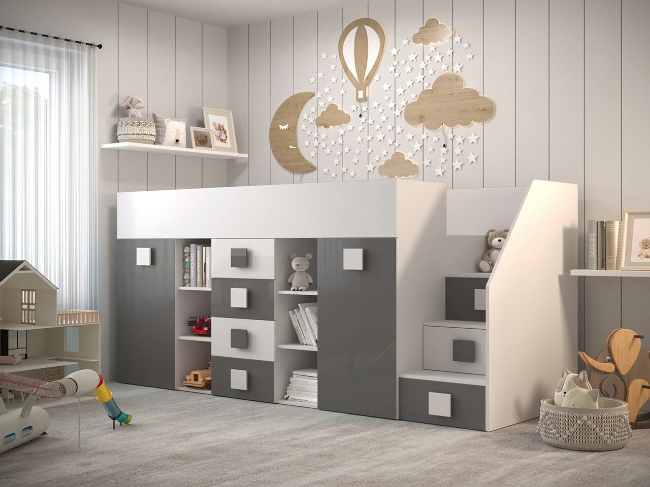 Izdignuti krevet Hartford 366 (Belo + Sjaj siva + Sjajno belo)