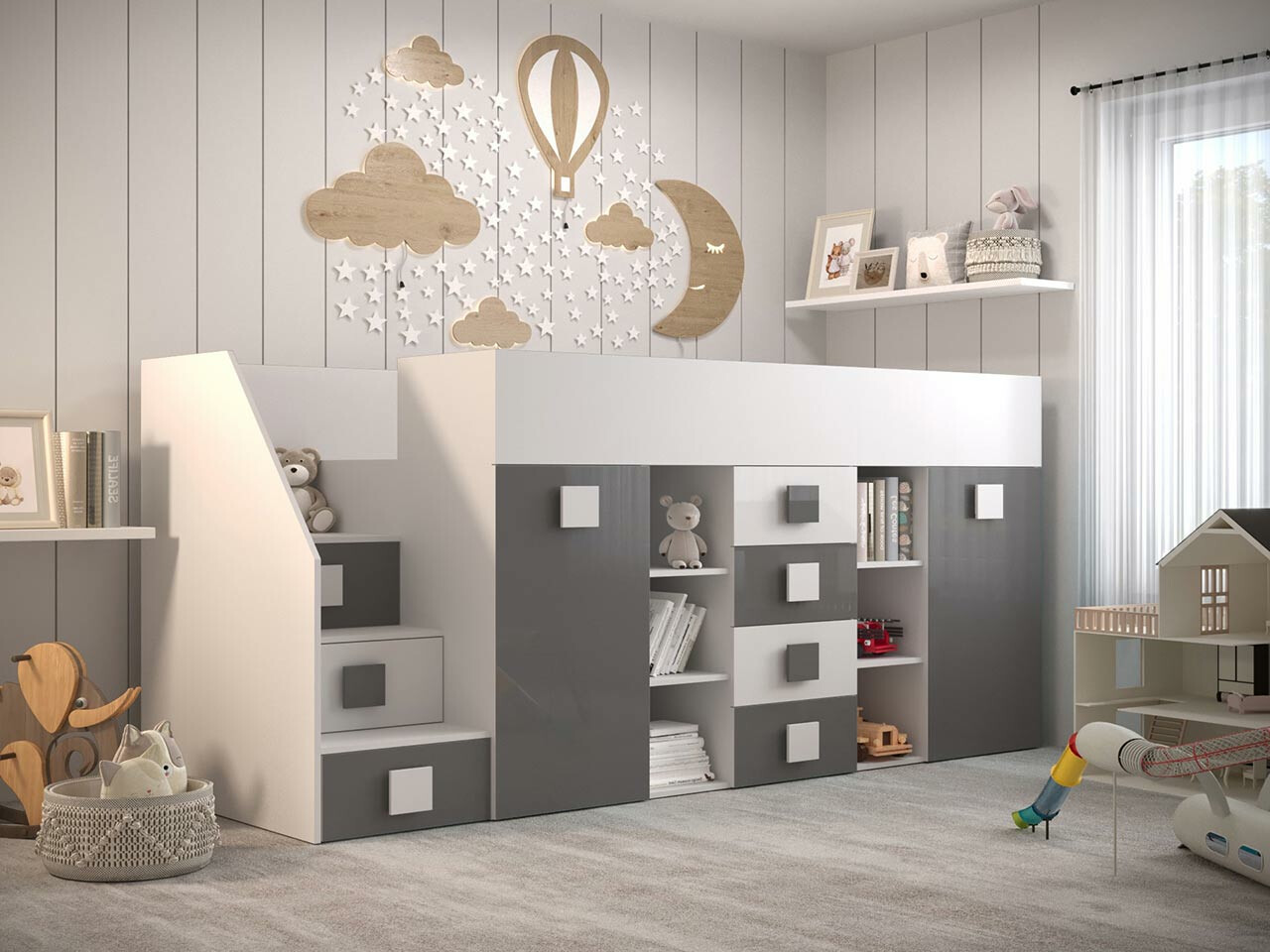 Izdignuti krevet Hartford 366 (Belo + Sjaj siva + Sjajno belo)