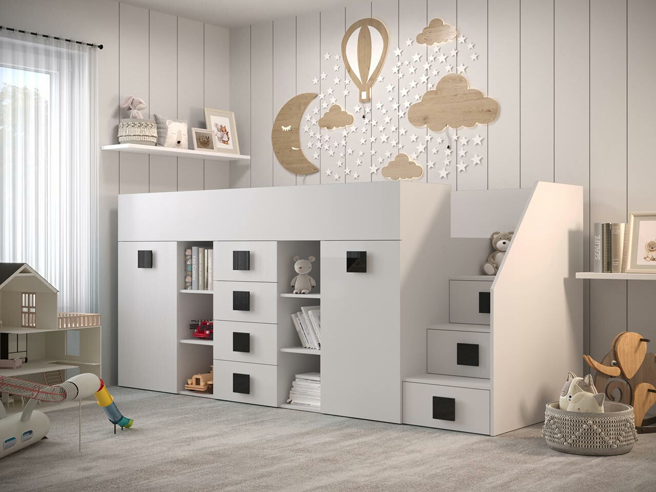 Izdignuti krevet Hartford 366 (Belo + Sjajno belo + Crno)