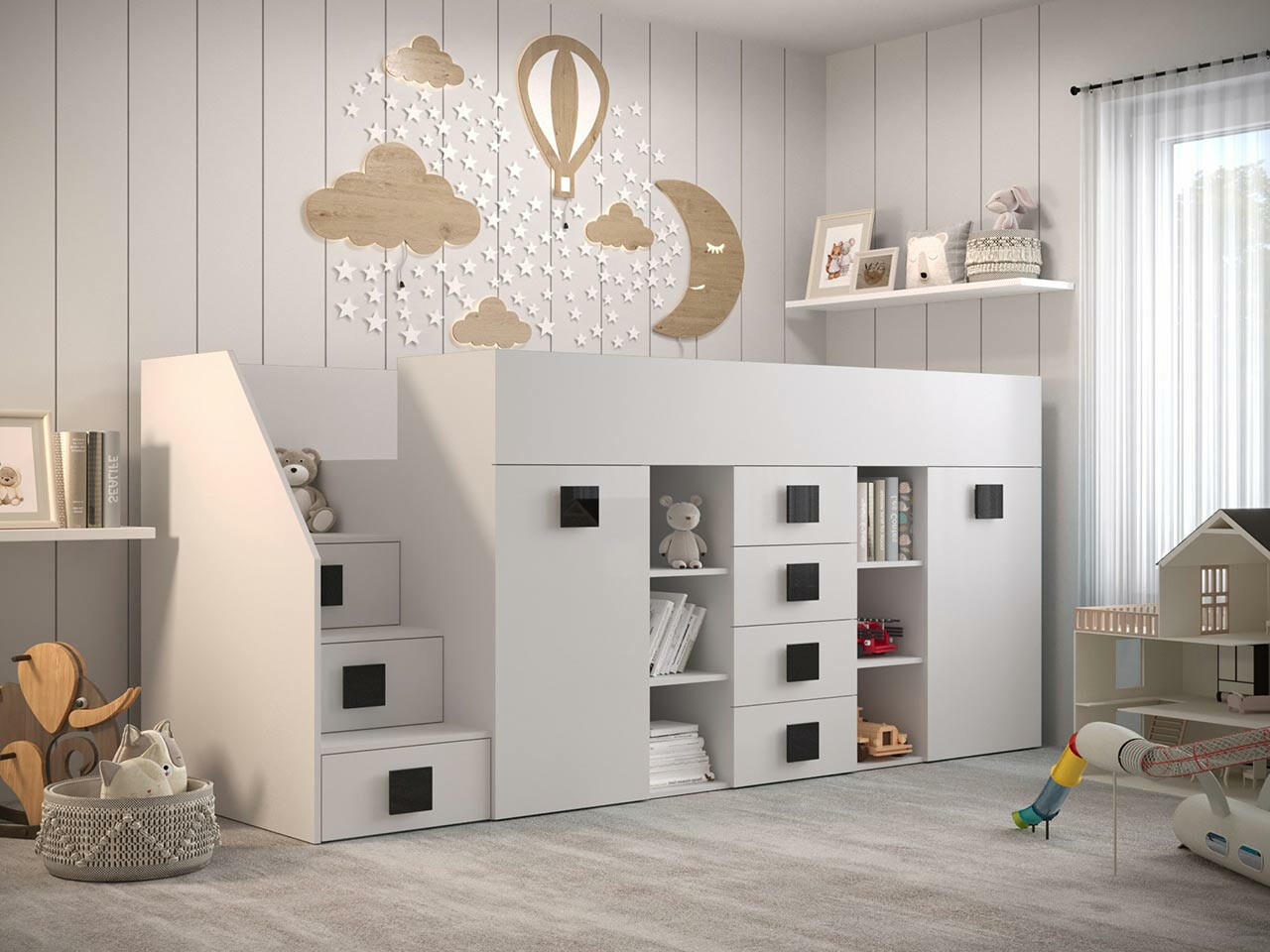 Izdignuti krevet Hartford 366 (Belo + Sjajno belo + Crno)