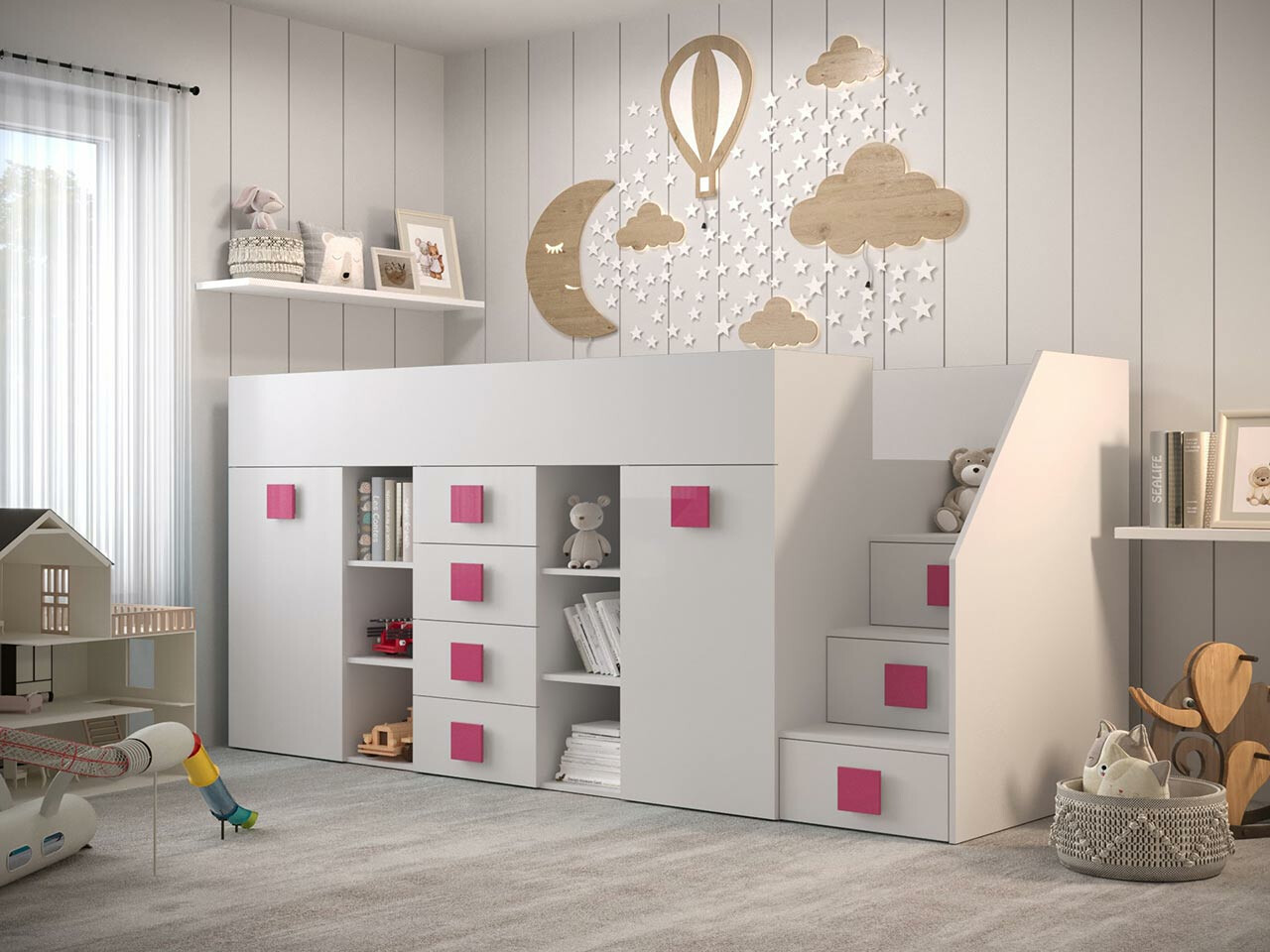 Izdignuti krevet Hartford 366 (Belo + Sjajno belo + Roza)