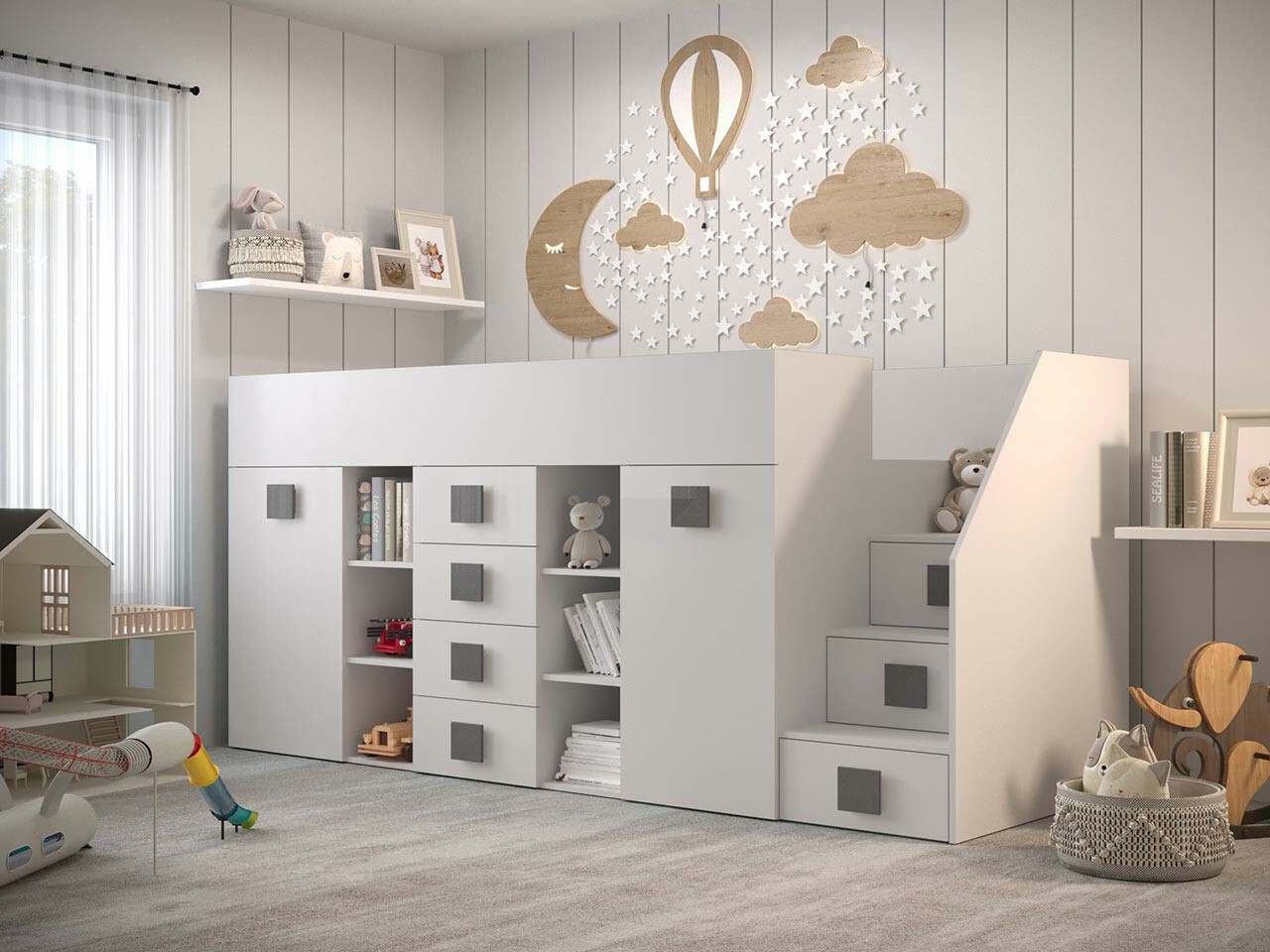 Izdignuti krevet Hartford 366 (Belo + Sjajno belo + Sivo)