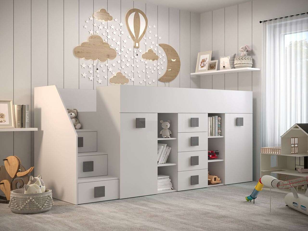 Izdignuti krevet Hartford 366 (Belo + Sjajno belo + Sivo)