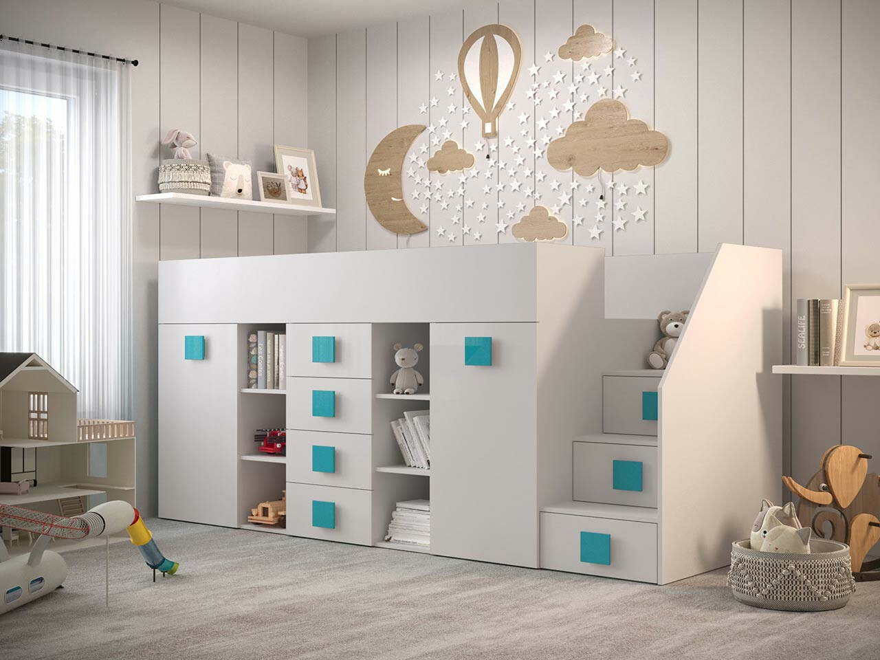 Izdignuti krevet Hartford 366 (Belo + Sjajno belo + Tirkizna)