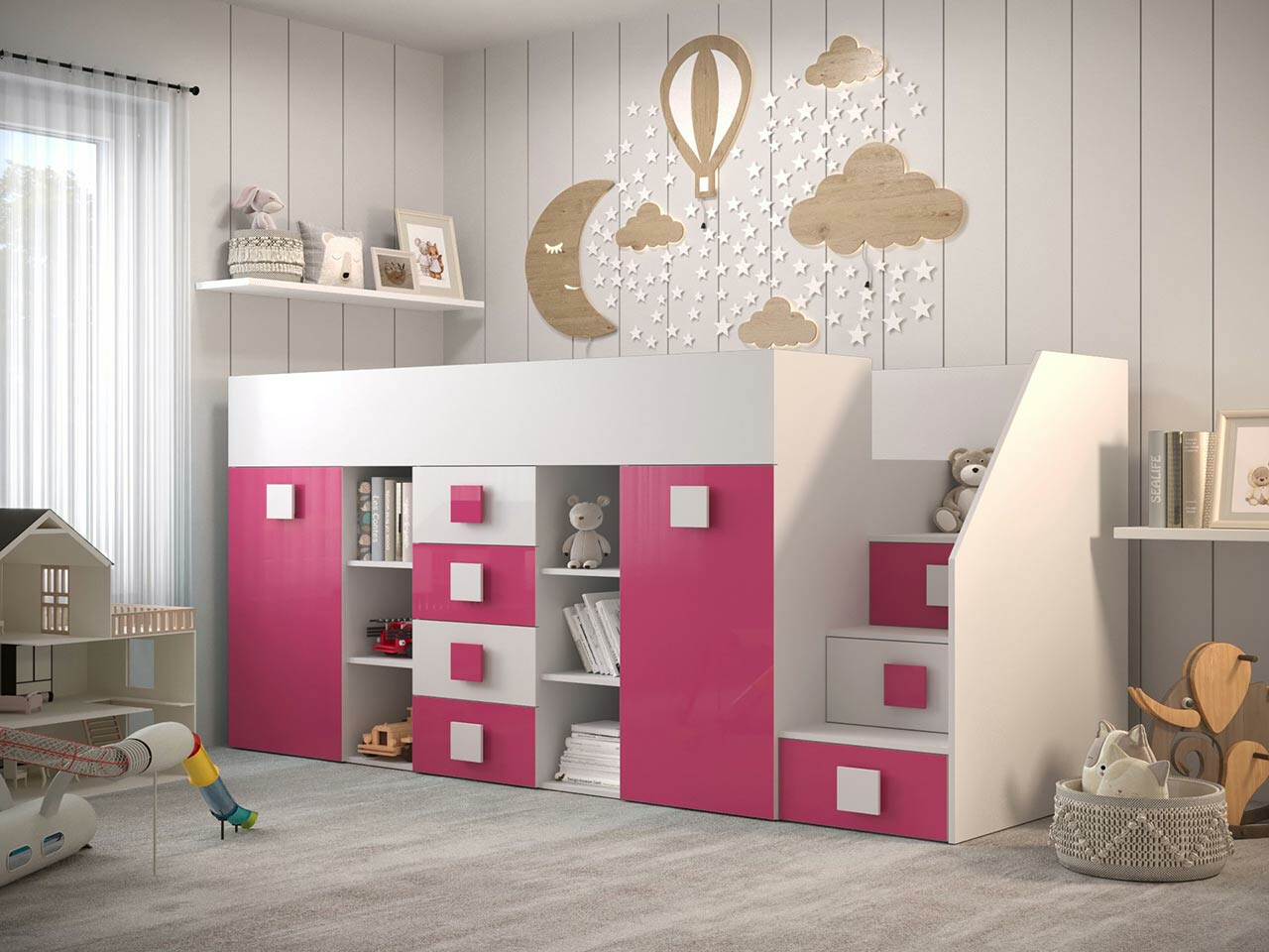 Izdignuti krevet Hartford 366 (Belo + Sjajno roze + Sjajno belo)